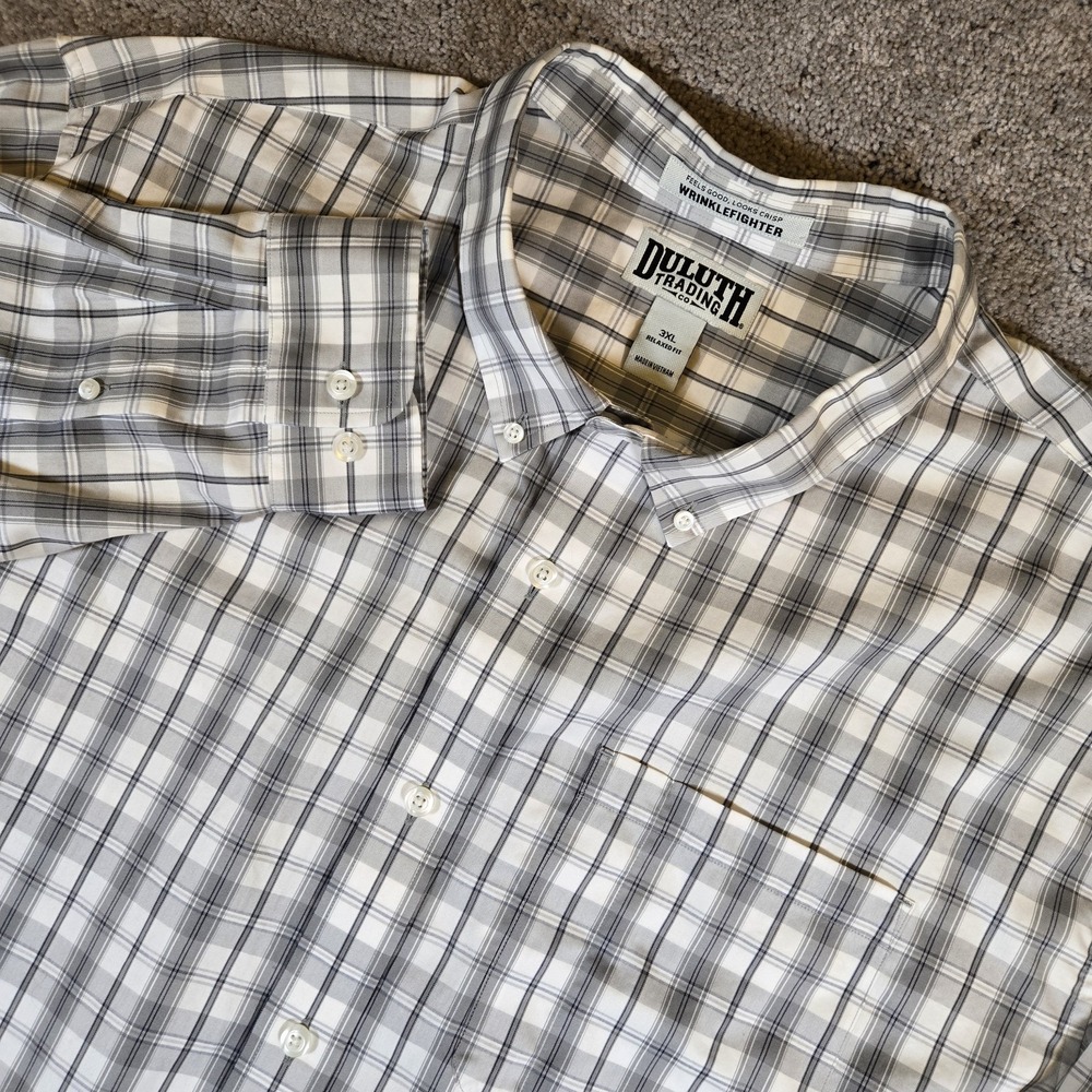 Duluth Trading Shirt Mens 3XL White Blue Gingham Wrinkle Fighter Long Sleeve